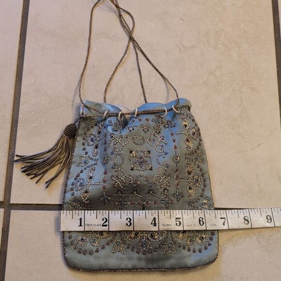 NWT Megan Park handmade beaded silk drawstring bag light blue - Picture 12 of 13